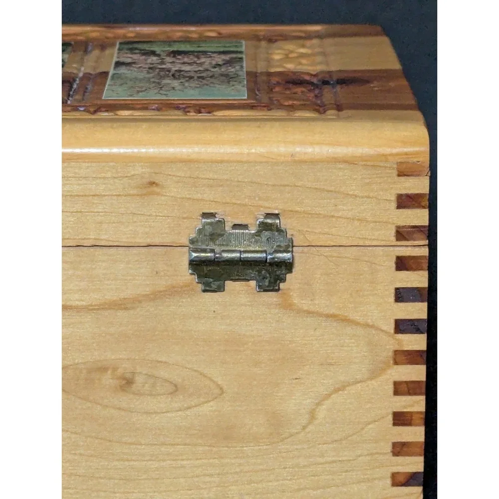 Vintage Hand Carved Cedar Wood Jewelry Keepsake Box Cottage Landscape 11